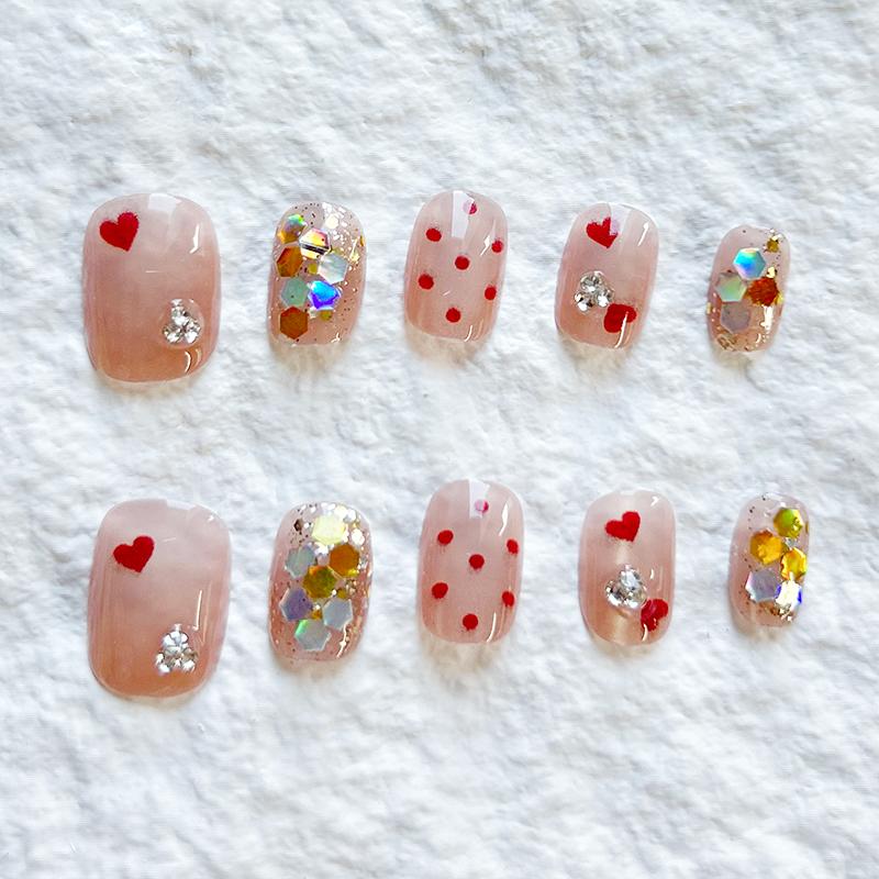 10pcs Retro Glitter Spring Day Dopamine Love Rainbow Wave Dot Diamond Press On Nails Nail Patch Cat Eye Nail Patch