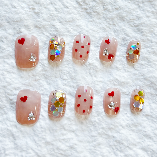 10pcs Retro Glitter Spring Day Dopamine Love Rainbow Wave Dot Diamond Press On Nails Nail Patch Cat Eye Nail Patch