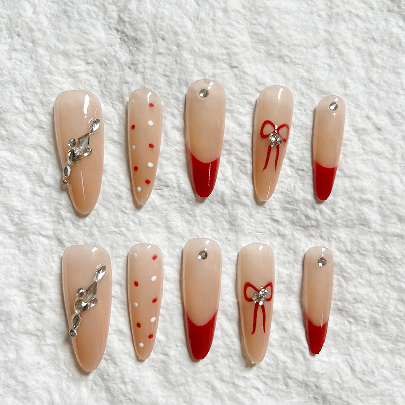 10pcs Almond Armor Ankola Red French Wave Dot Bow Yellow Black Skin Whitening Press On Nails