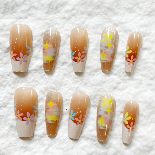 10pcs New Spring Oil Painting Cat Eye Handmade Press On Nails Monet Garden Pure Want to Show White Gentle Long Nail Patch