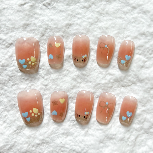 10pcs Cute Cat French Cat Eye Handmade Press On Nails Naked Love Butterfly Nail Art