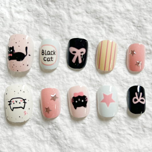 10pcs Black Cat Cartoon Cat Eye Press On Nails Short, Gentle Wear, Show White, Advanced Summer Internet Celebrity Nail Art, Cute, Detachable