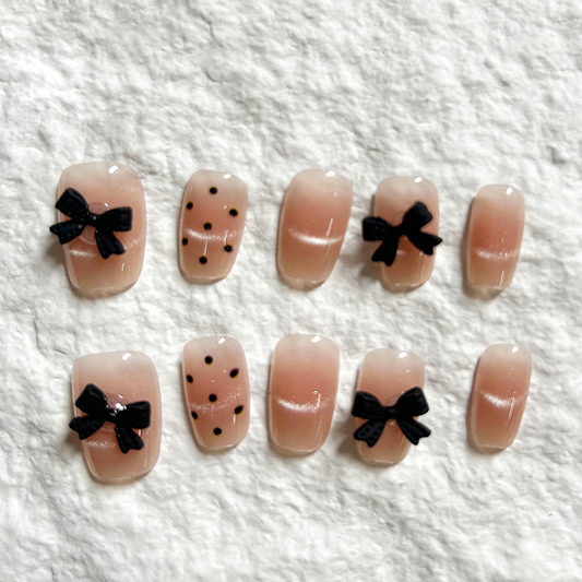10pcs minimalist French polka dot cat eye temperament nude bow handmade Press On Nails finished nail art