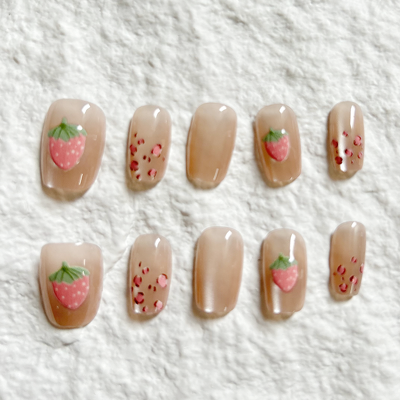 10pcs Strawberry Press On Nails New Summer Cute Style Easy Bear Hand drawn Sweet Strawberry Patch Oval Nail Wear