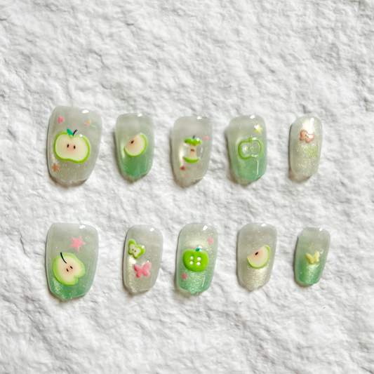 10pcs green apple soda Press On Nails cute cartoon ins nail art sweet short nail gold glitter glass beads