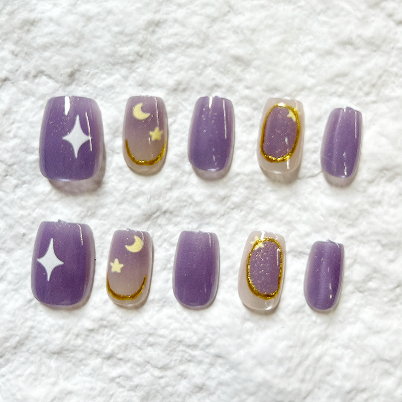 10pcs Girl Heart Pure Desire Wind Short Style Gilded Cat Eyes Press On Nails Tablets Show White Purple Stars Moon Removable Nail Art
