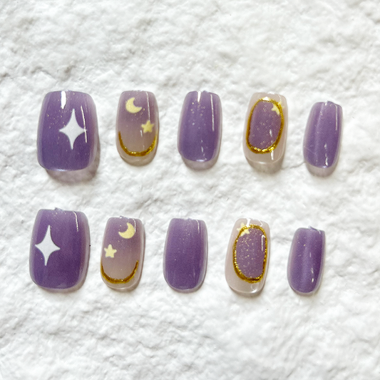 10pcs Girl Heart Pure Desire Wind Short Style Gilded Cat Eyes Press On Nails Tablets Show White Purple Stars Moon Removable Nail Art