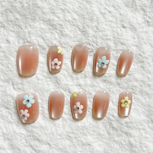10pcs Spring Flower Sea Handmade Press On Nails Nail Patch powder blusher Daisy Flower Ice Permeate High grade Versatile