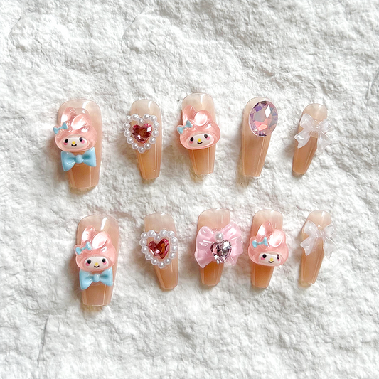 10pcs Wave Point Bear Boy French Handmade Press On Nails Nail Art Super Cute Strawberry Bow Sweetheart Girl Nail Art Detachable