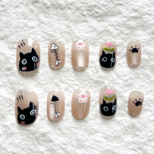 10pcs Little Black One Day Cat Eye Handmade Press On Nails Nail Patch Nail Art Fake Nails