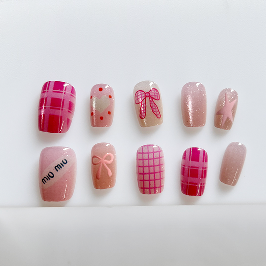 10pcs Miu Girl Rose Red Dopamine Sweet Cool Star Bow Vitality Girl Sparkles Cat Eyes Press On Nails