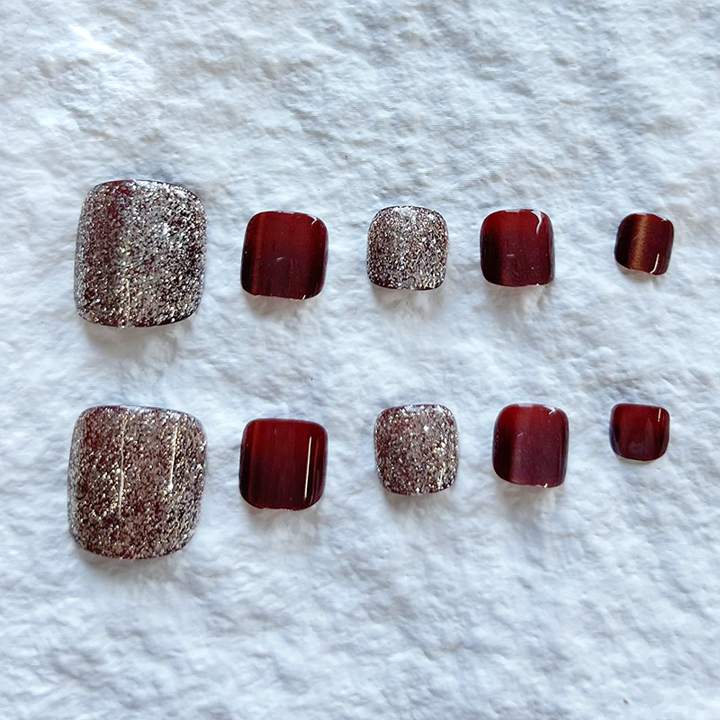 10pcs Handmade Toenail Press On Nails Patch Finished Product Wine Red Sparkling White Toenail Flakes