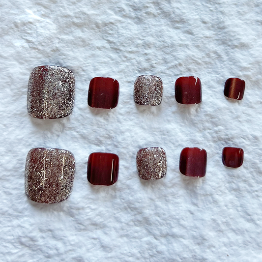 10pcs Handmade Toenail Press On Nails Patch Finished Product Wine Red Sparkling White Toenail Flakes