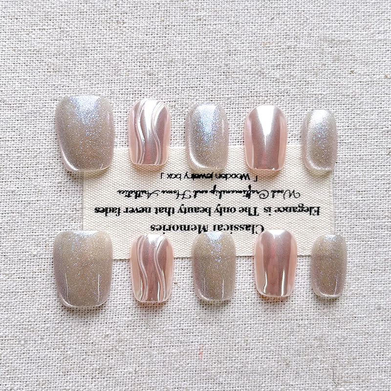 【 Pink Light Haili 】 Handmade Press on nails nude color temperament magic mirror powder high-end feeling electroplated cat eye whitening nail art 10 pieces set