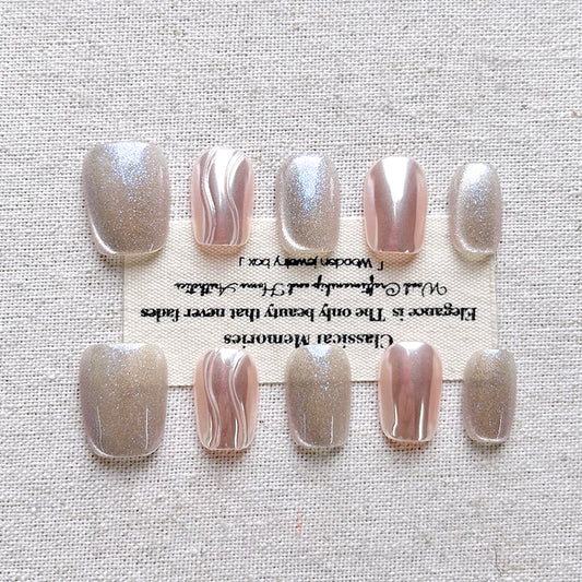 【 Pink Light Haili 】 Handmade Press on nails nude color temperament magic mirror powder high-end feeling electroplated cat eye whitening nail art 10 pieces set