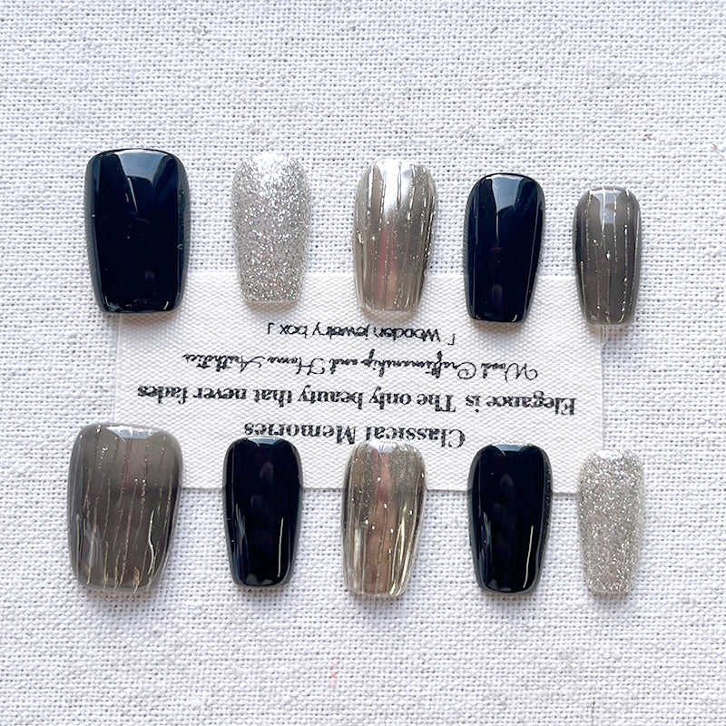 Handmade Press on nails short version 2025 new high-end feeling dark night starry sky cat eye short round nail patch nail sticker white nail sticker set of 10 pieces