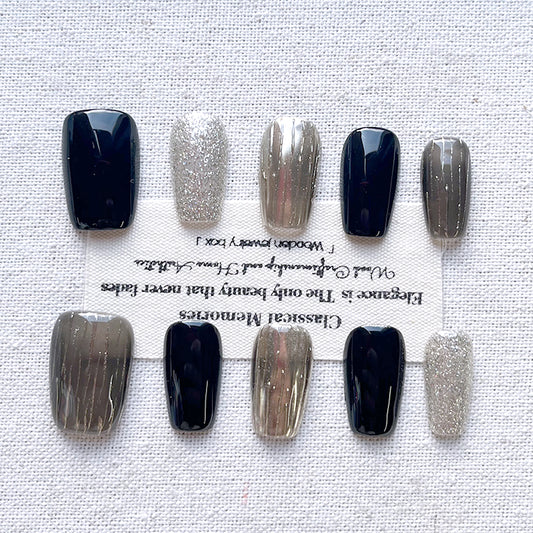 Handmade Press on nails short version 2025 new high-end feeling dark night starry sky cat eye short round nail patch nail sticker white nail sticker set of 10 pieces