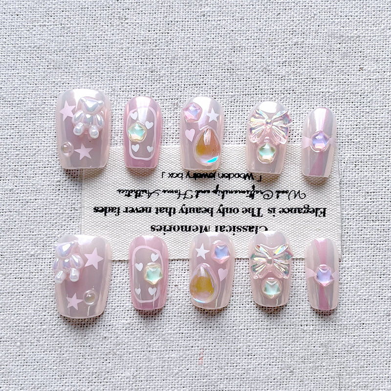 Floral Cherry Handmade Nail Art Press on nails Spring New Collection Premium Cat Eye Cherry Cute Charm Show White 10 Piece Set