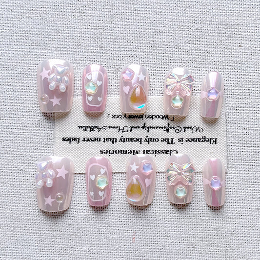 Floral Cherry Handmade Nail Art Press on nails Spring New Collection Premium Cat Eye Cherry Cute Charm Show White 10 Piece Set