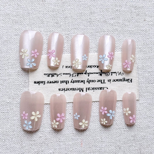 Sweet Girl Heart Press on Nails Handmade 3D Colorful Cat Eye Ultra White Finished Product Press on Nails Detachable 10 Piece Set