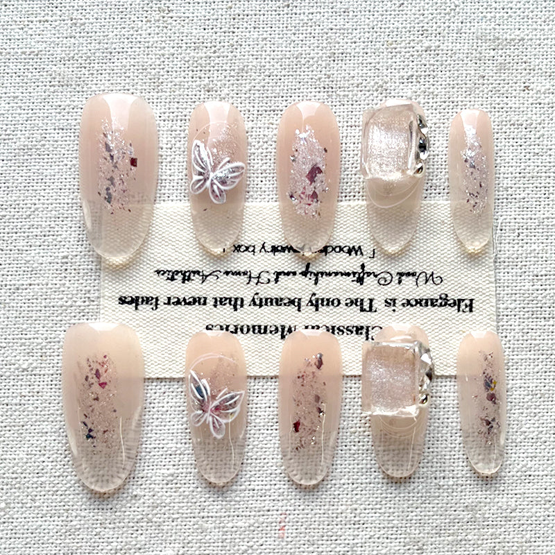 【 Jade Butterfly 】 Handmade Press on nails Aurora powder handmade painted butterfly cat eyes gentle white nail patch set of 10 pieces