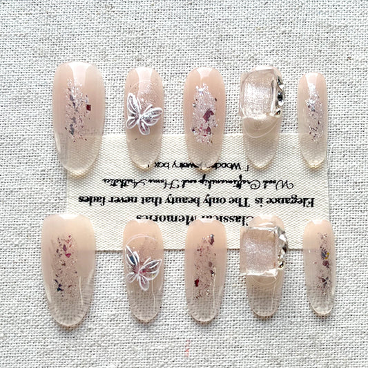 【 Jade Butterfly 】 Handmade Press on nails Aurora powder handmade painted butterfly cat eyes gentle white nail patch set of 10 pieces
