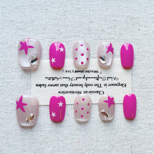 Love Berry~Sweet Cool Date Nail Cute Wave Dot Color Clash Spring/Summer Handmade Press on Nails 10 Piece Set