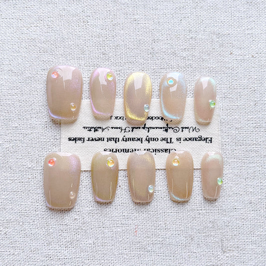 Colored gemstone glass bead cat eye wearing armor Clear green dreamy purple glass feeling flower wreath nail patch white 10 pieces set Press on nails