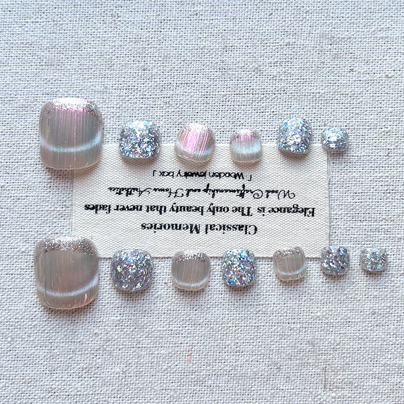 【 Designer Style 】 High quality 【 14 pieces of pure handmade toenails 】 Green glitter pink chasing cat eye toenails
