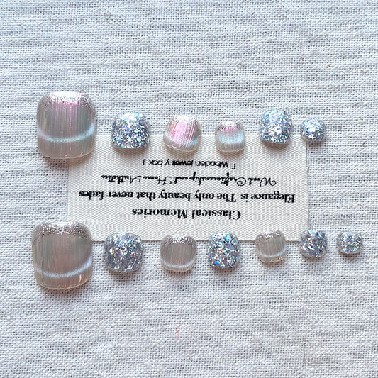 【 Designer Style 】 High quality 【 14 pieces of pure handmade toenails 】 Green glitter pink chasing cat eye toenails