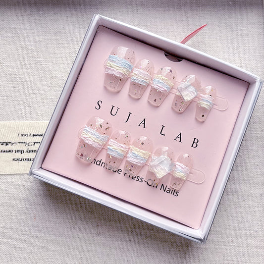 Sweet Candy Cake Handmade Nail Art Press on Nails Dopamine Cat Eye Nails Cute and Whitening Appearance Advanced New Style Bow