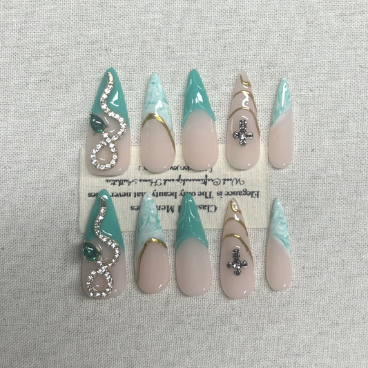 10pcs pure handmade Press On Nails light luxury mint green temperament
