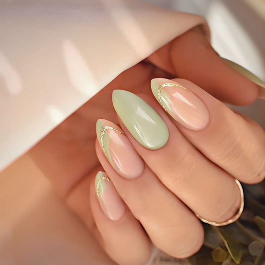 24Pcs Simple Green French False Nails Short Almond Fake Nail