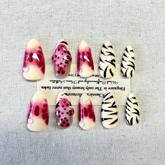 Handmade Press On Nails lip print cherry wine red sparkling pearl embellishment almond shaped multiple models fake nails