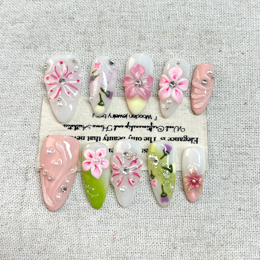 10pcs white, gentle and high-end handmade Press On Nailsins dopamine flower painting