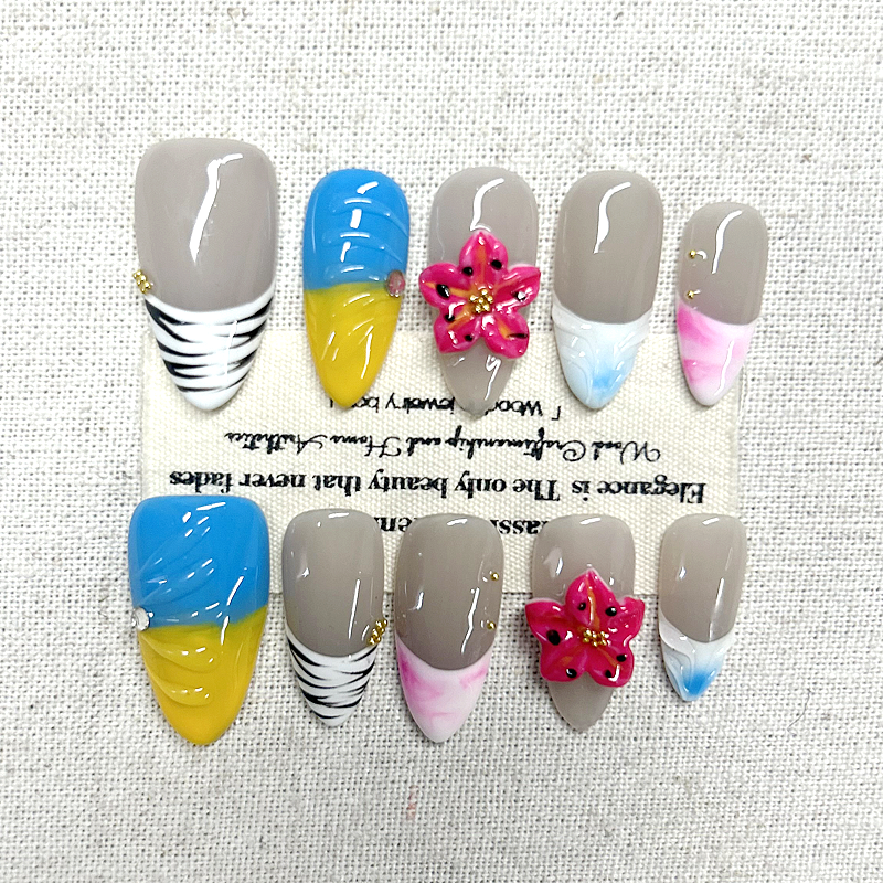 10pcs new almond shaped handmade flower Press On Nails cool gradient nail art fake nails