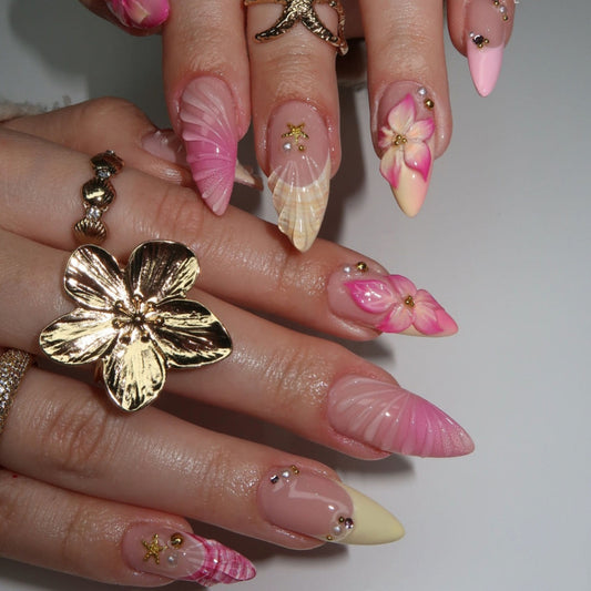 3D starfish gorgeous pearl flower shell pattern sweet girl European and American ins style nail art Press On Nails 24 pieces