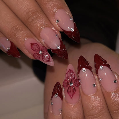 24PCS French Wine Red Press On Nails Simple Petal Flowers Hot Selling Nail Slices in Europe and America Press on Nails