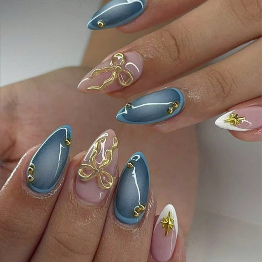 24pcs Press on Fake Nails Set Almond Wearable Simple French