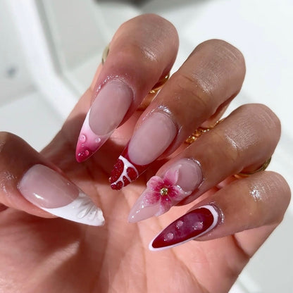 24pcs Short Almond Press on Nails 3D Flower Butterfly Fake N