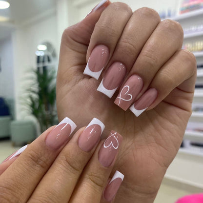 24Pcs Pink Long Square False Nails Ballet Glittring Nail wi