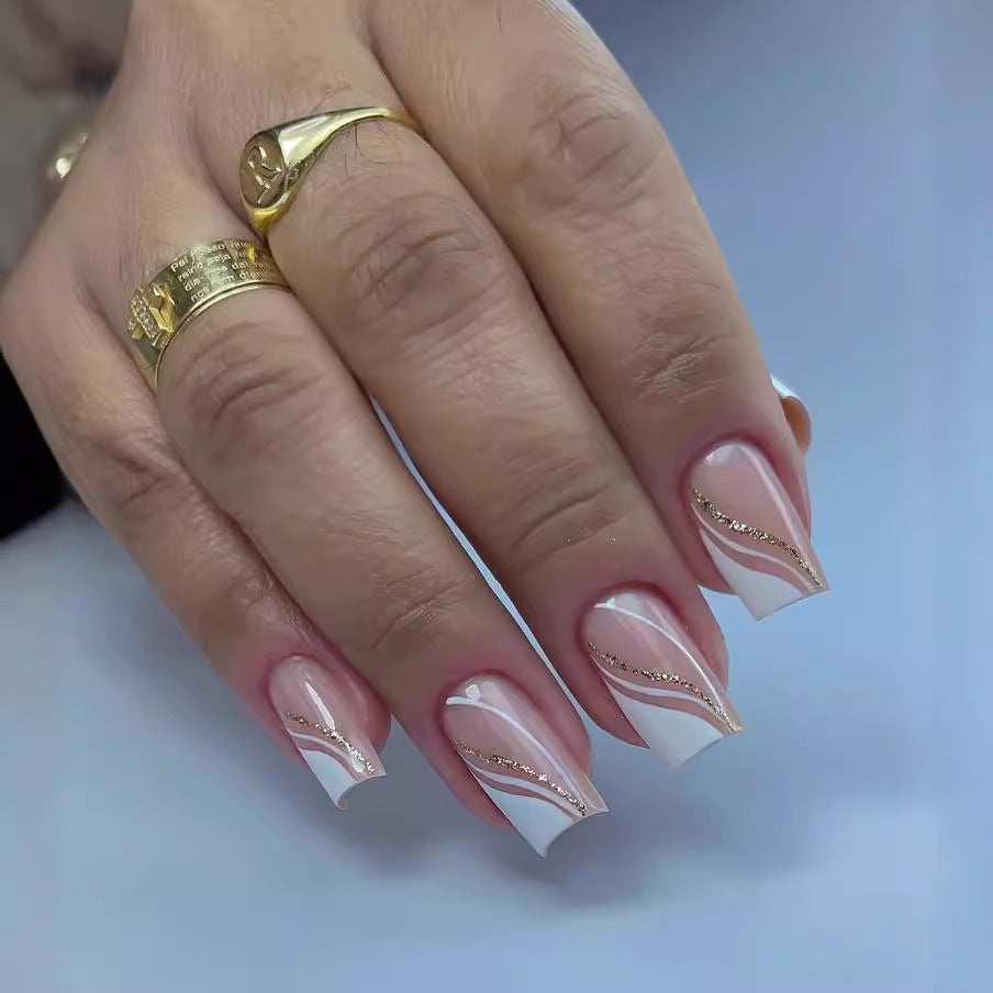 24Pcs Simple French Nails Art Tips Fake Nails 3D Design Wear Press-On Nails