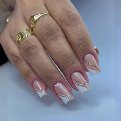 24Pcs Simple French Nails Art Tips Fake Nails 3D Design Wear Press-On Nails
