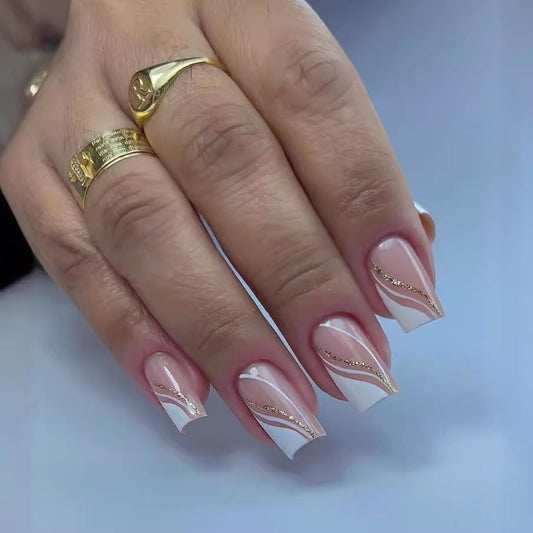24Pcs Simple French Nails Art Tips Fake Nails 3D Design Wear Press-On Nails