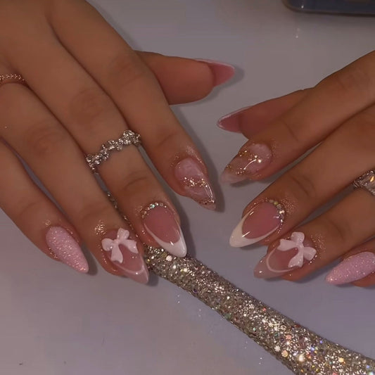 24Pcs Pink Almond False Nails Butterfly Ballet with French