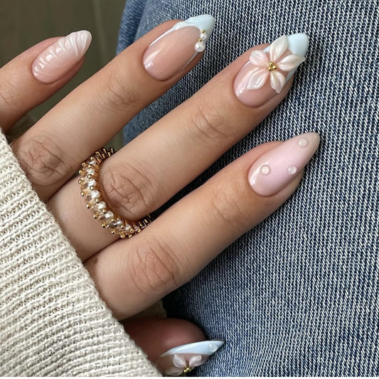 24pcs Summer Fake Nails Press on Almond Wearable 3D Butterfl