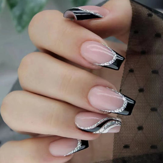 24Pcs Ballet French Coffin False Nails With Flowers Diamonds