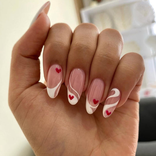 24pcs French white border finished nail pieces, red heart-shaped nail art nails