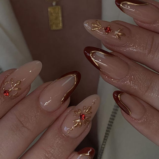 24Pcs Simple French Fake Nails with Almond Head Design Detac