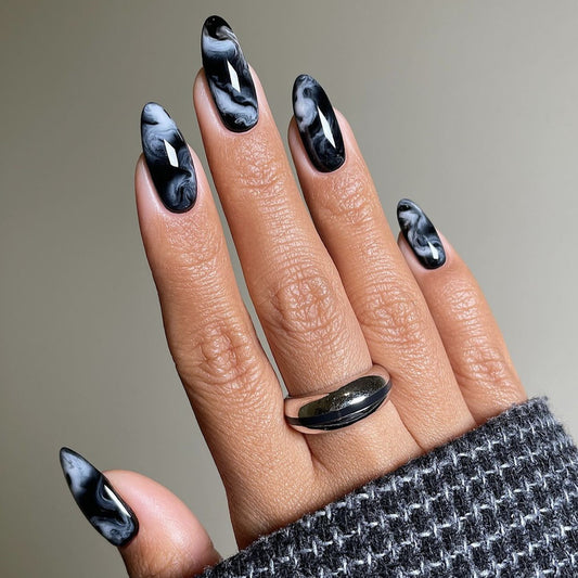 24Pcs ink wash blending Press On Nails stickers European and American dark style cool and futuristic fake nails almond pointed finished nail pieces